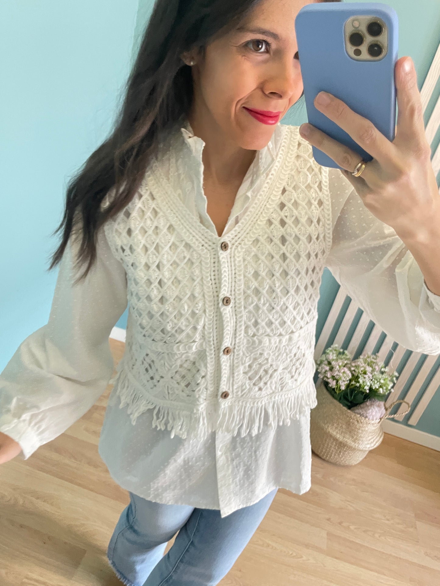 White fringed crochet vest